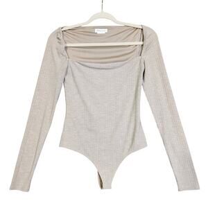 Lovers and Friends REVOLVE Women Ribbed Bodysuit Size XS Taupe Long Sleeve Thong